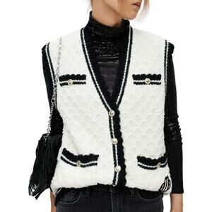 Maje NWT Mirta Knit Contrast Trim Vest White Black Women's Size 3 (US Large)
